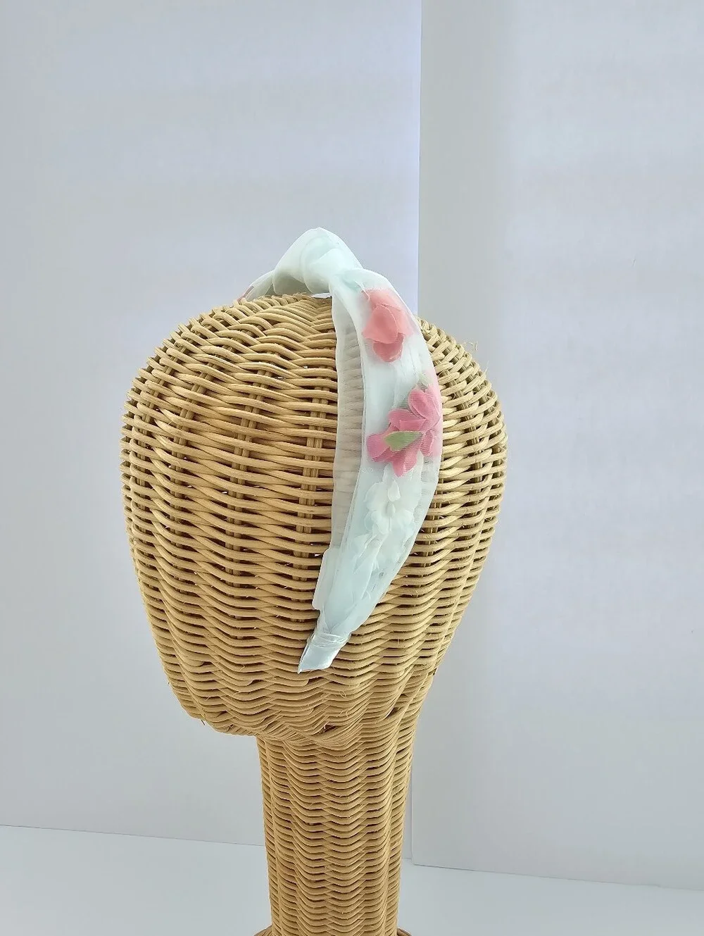 Claire's NWT Knotted Floral Headband - 3D Pink Flowers - Mint Sheer Fabric